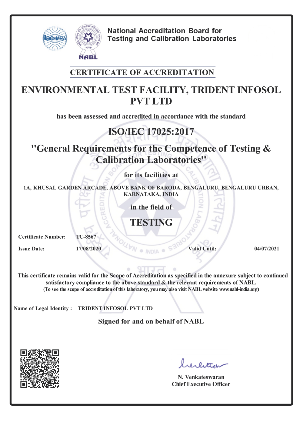 Accreditation of NABL Certification for Environmental Test Lab